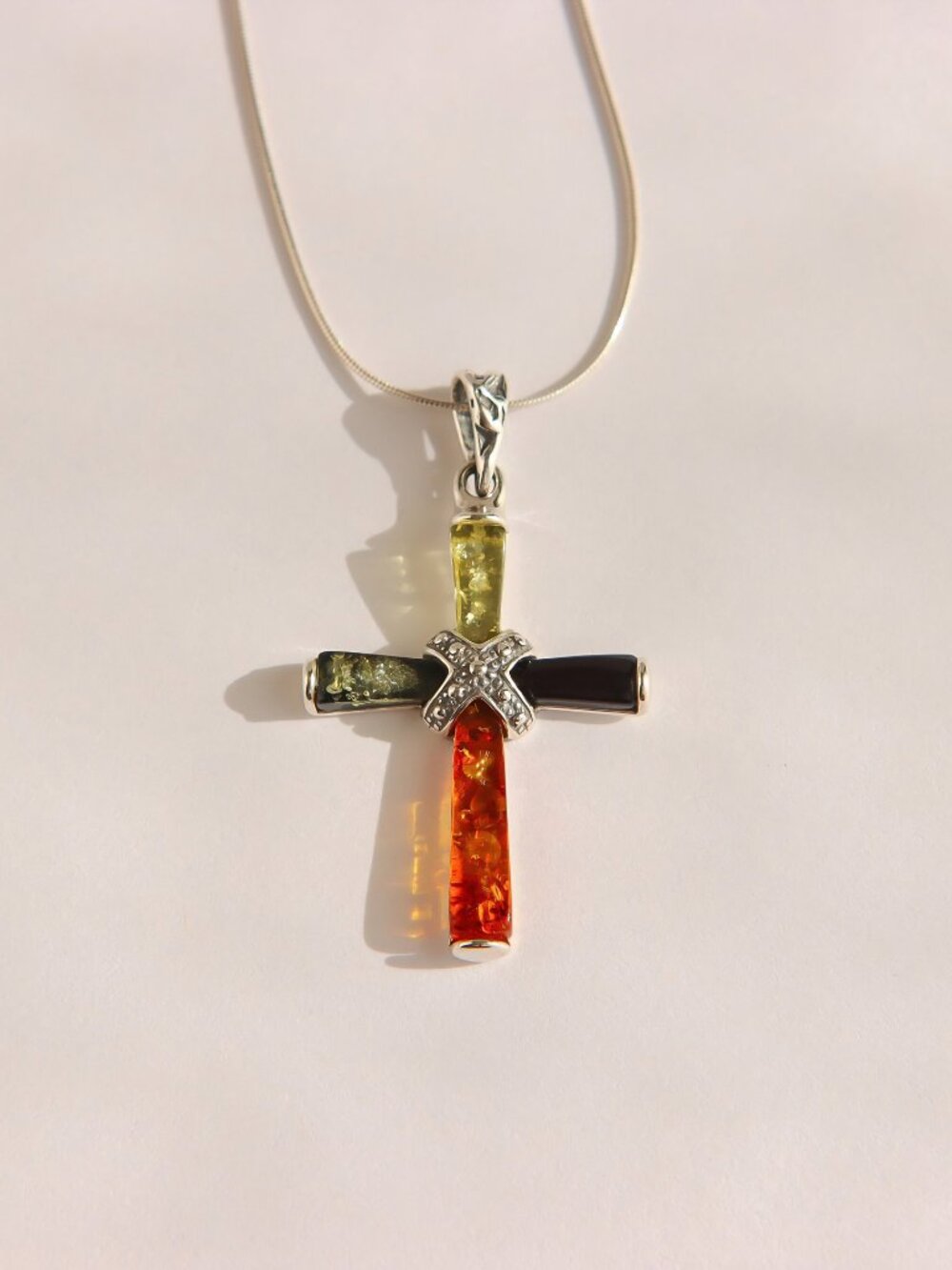 Baltic Amber Cross Necklace in Sterling Silver